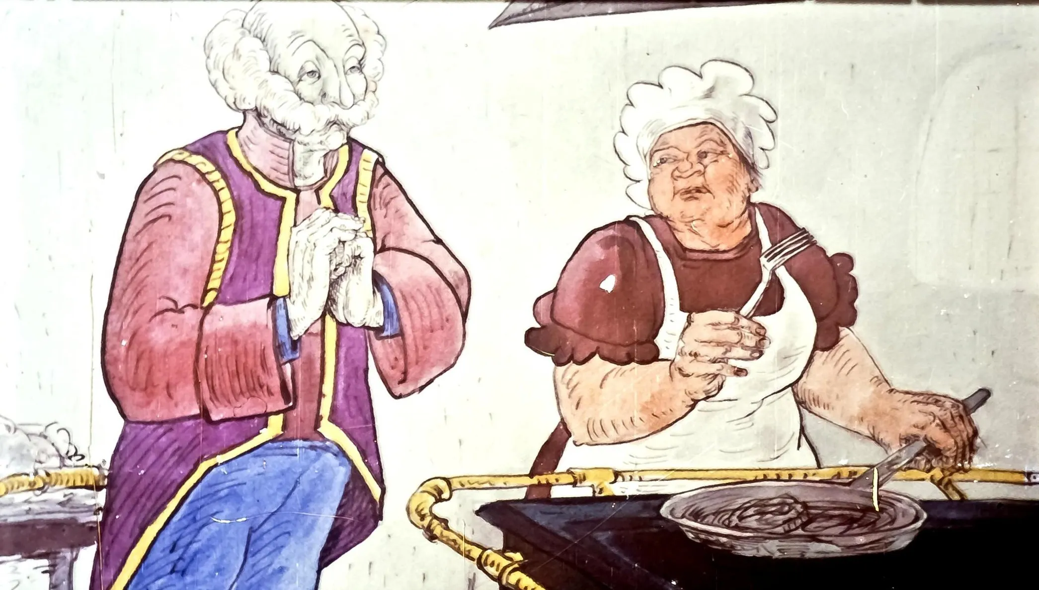 Doua personaje intr-o bucatarie, unul imbracat in haine colorate, iar celalalt, o femeie, pregateste mancare intr-o cratita.