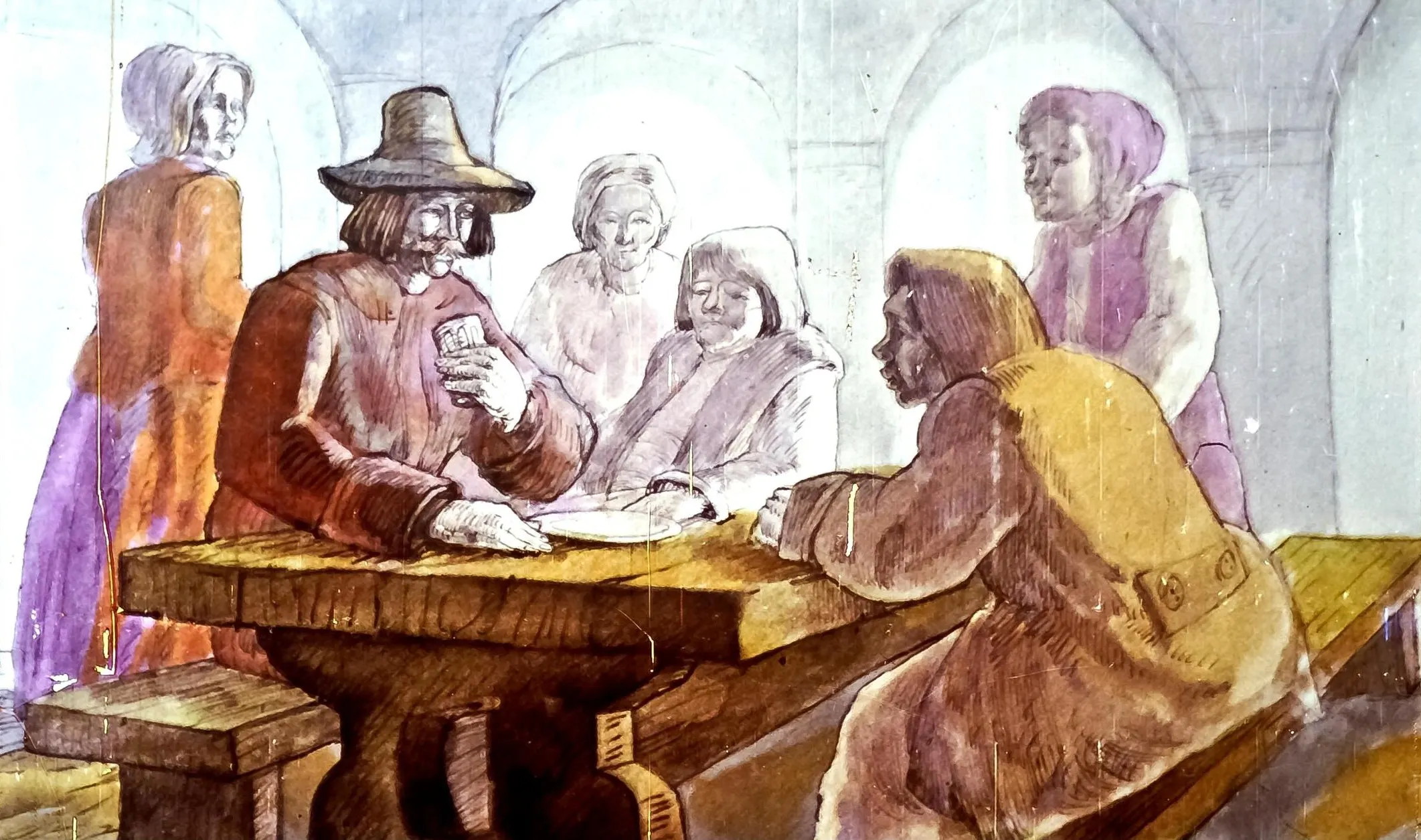 Ilustrație cu o întâlnire între mai multe persoane în interiorul unei încăperi, stând la o masă din lemn.