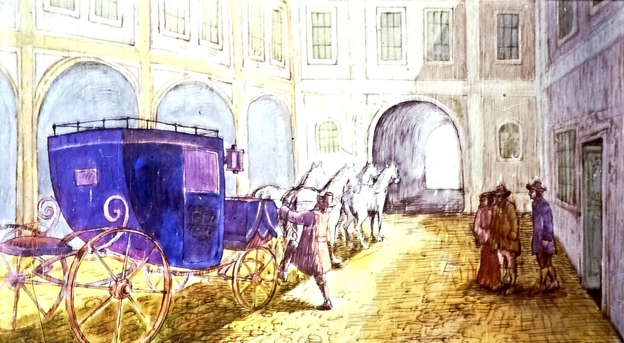 O ilustrație care prezintă o trăsură albastră în interiorul unui edificiu, cu oameni și cai în jur.