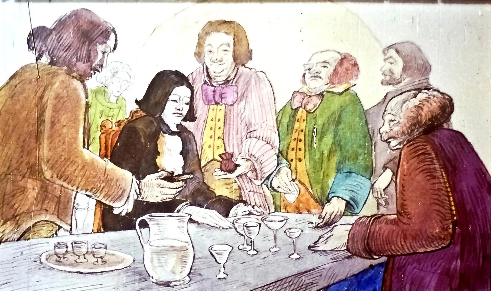 Ilustrație colorată cu mai mulți bărbați îmbrăcați în costume istorice, reuniți în jurul unei mese, unde se află un carafă și pahare, discutând într-un cadru social.