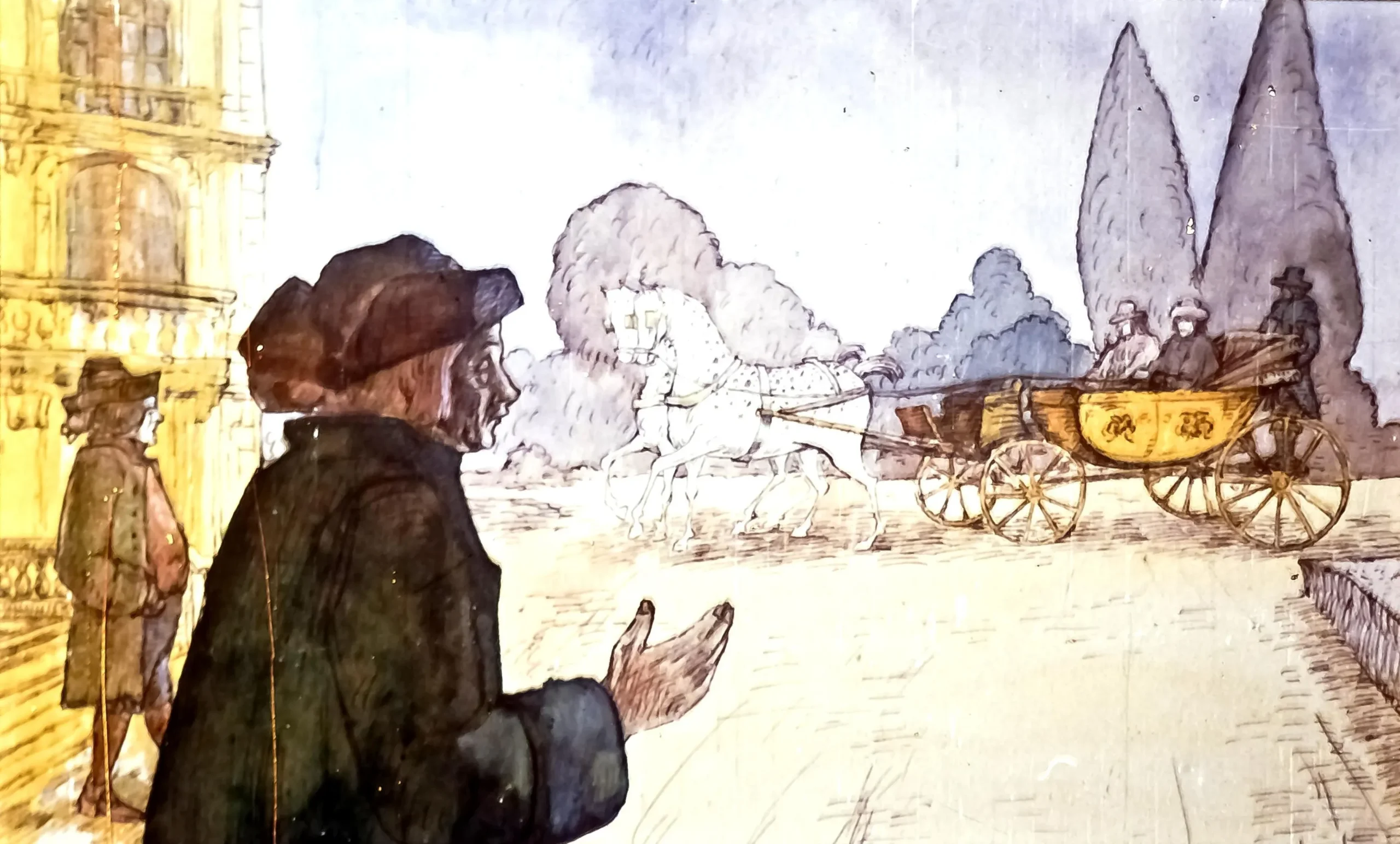 Ilustrație cu mai mulți bărbați, dintre care unul, îmbrăcat în haine negre, se uită spre o trăsură galbenă care trece printr-o zonă cu copaci și clădiri.