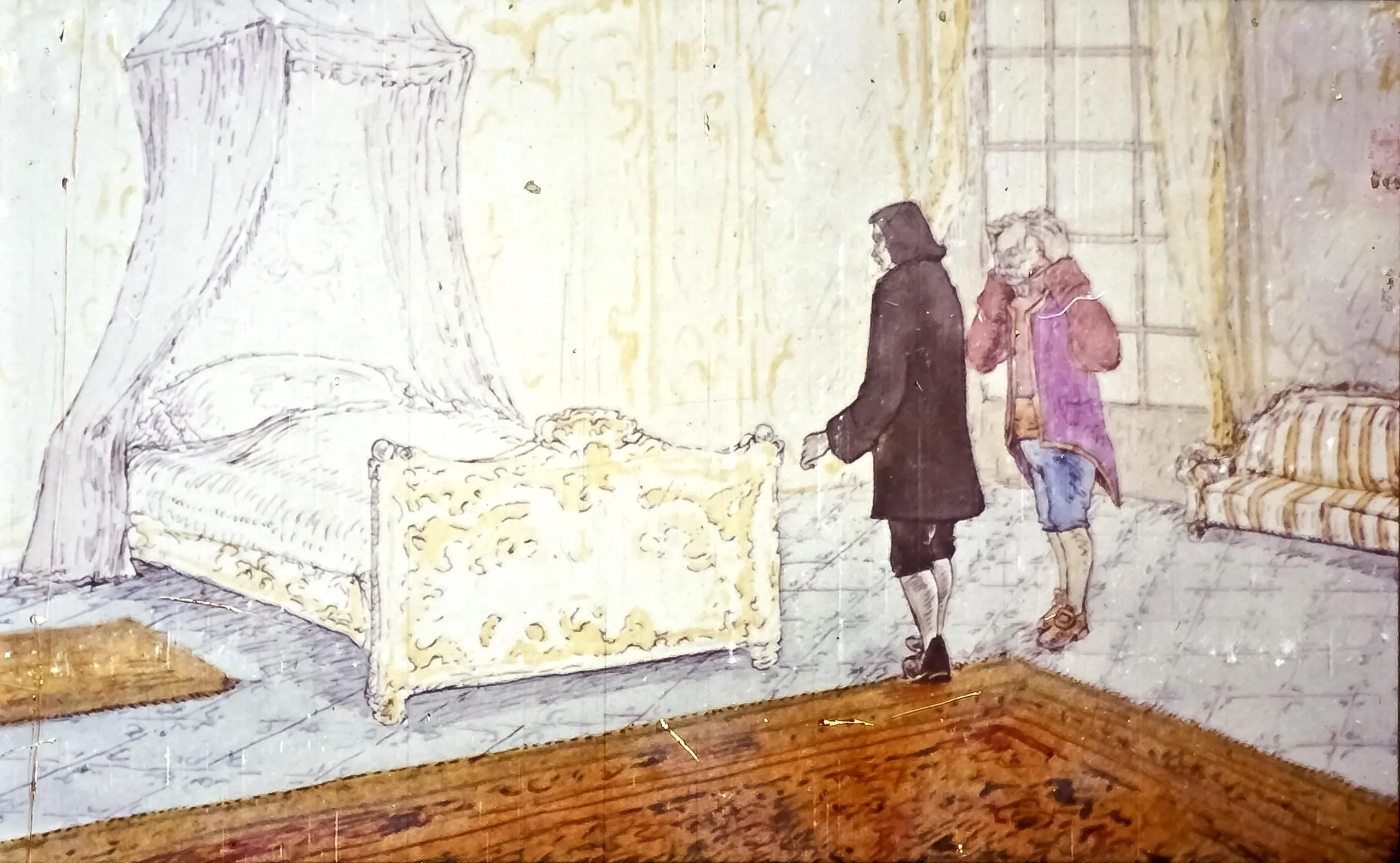 Imaginea reprezintă două figuri umane care stau într-o cameră cu un pat ornate și un covor, având un decor simplu și feronerie pe peretele din spate.