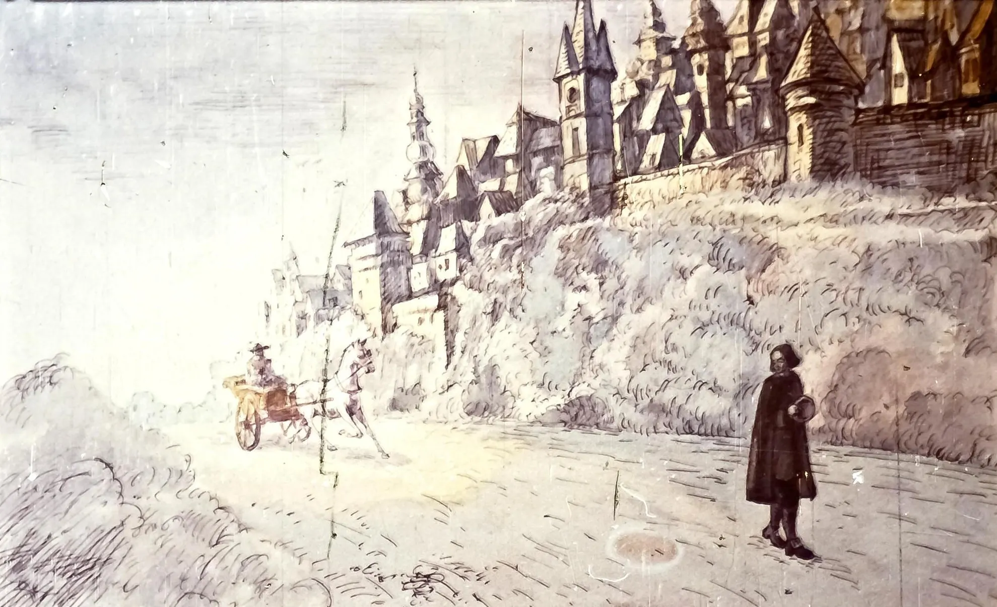 O scenă ilustrată, cu un peisaj de drum și un oraș în fundal, unde un bărbat îmbrăcat în haine de epocă stă pe marginea drumului, iar o trăsură trasă de cai se apropie.