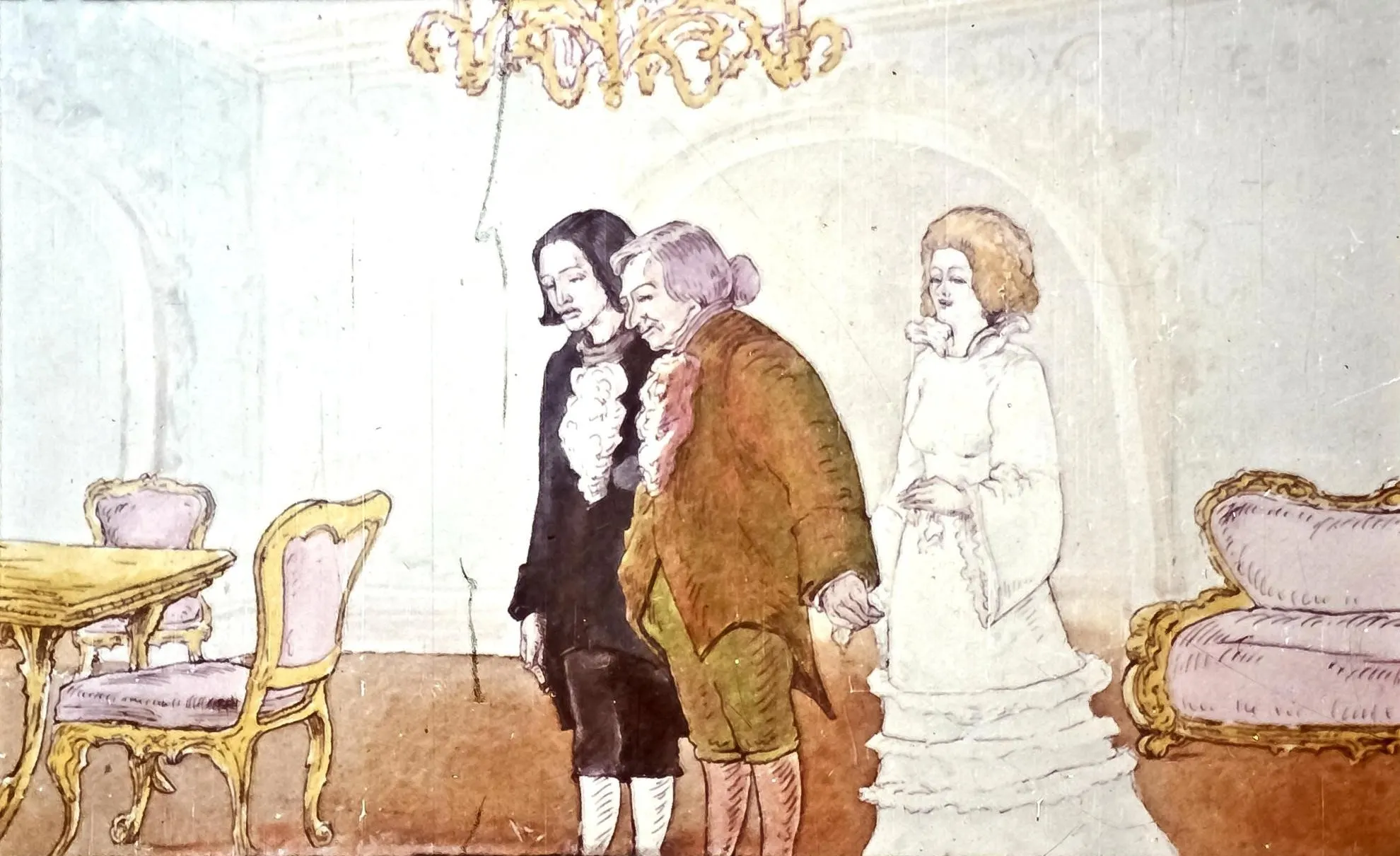 Pictură cu trei persoane, două dintre ele îmbrăcate în stiluri vestimentare clasice și una îmbrăcată într-o rochie albă, într-o cameră cu mobilier elegant.