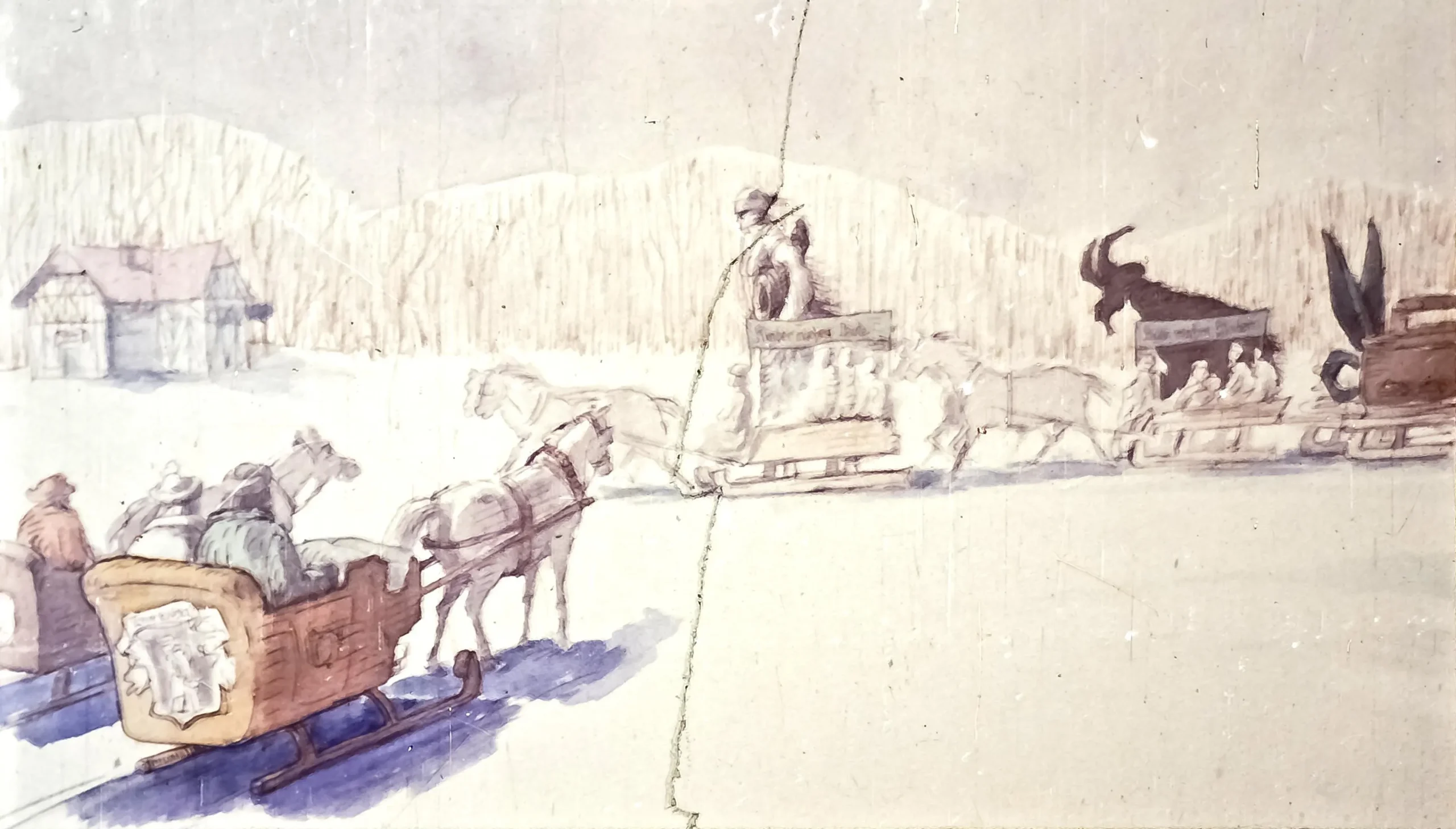 O scenă cu sania trasă de cai pe un fundal de iarnă, incluzând diverse sania cu oameni și animale, într-un peisaj alb.