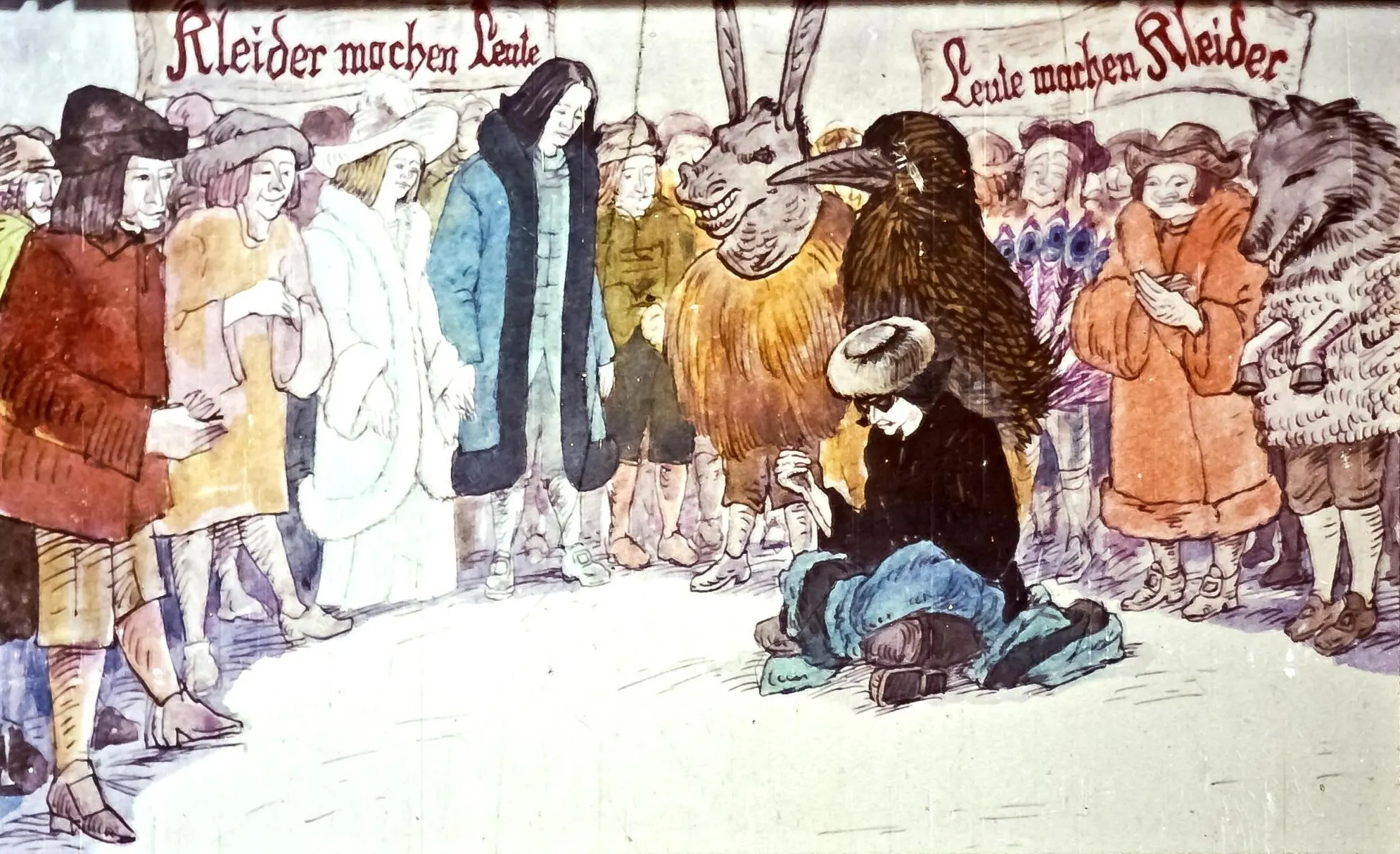 Ilustrație care arată o mulțime de oameni și două personaje centrale, fiecare având un mesaj despre relația dintre haine și identitate.