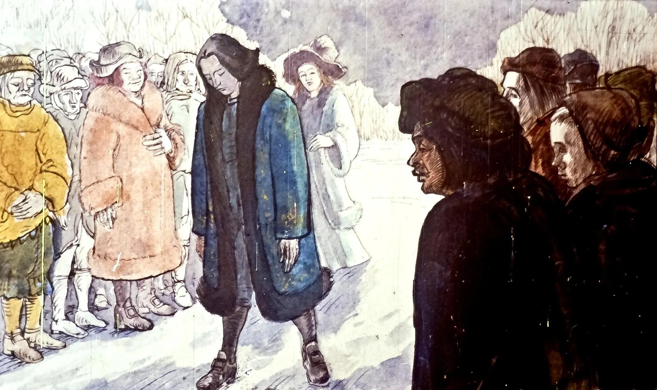 O ilustrație care prezintă o scenă de grup pe zăpadă, cu persoane îmbrăcate în haine de iarnă, unele cu fețele triste sau preocupate.