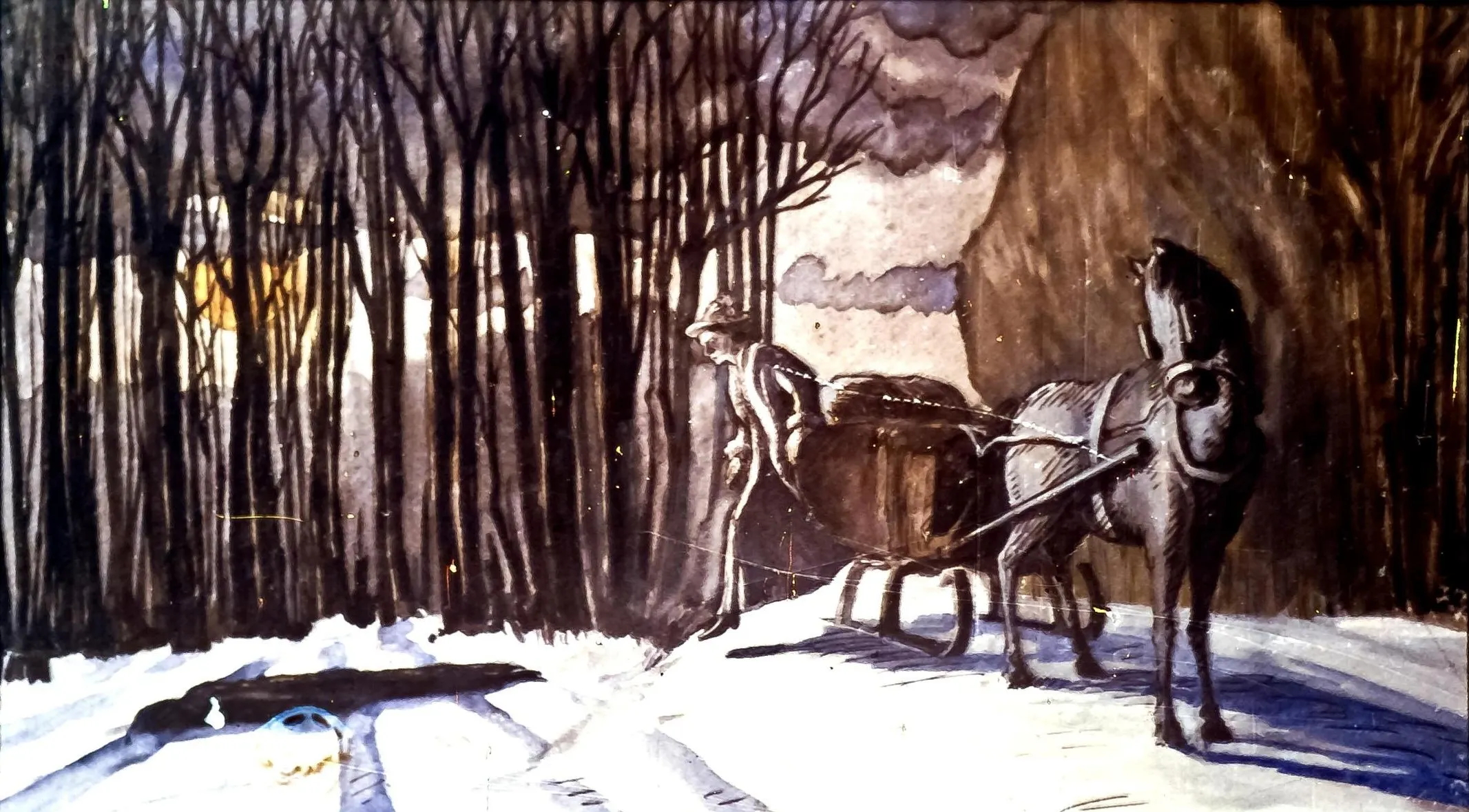O pictură în care se află un om cu o căruță trasă de cai, într-o pădure, pe un teren acoperit de zăpadă, cu un cer întunecat și copaci lufcșându-se în fundal.