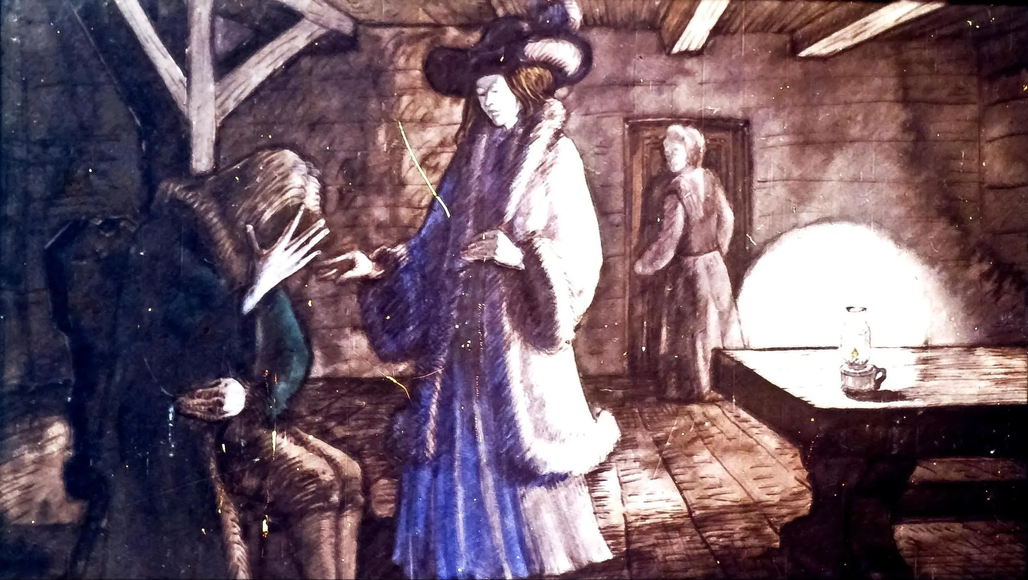 O scenă artistică care prezintă două personaje într-o cameră rustică; unul stă pe un scaun cu capul în mâini, iar altul, îmbrăcat elegant, interacționează cu acesta. Un alt personaj se află în fundal, iar pe masă este o lampă.