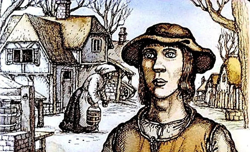 Ilustrație colorată a unui bărbat cu o pălărie, privind spre spectator, pe fundalul unei așezări rurale cu case și o femeie care transportă o găleată.