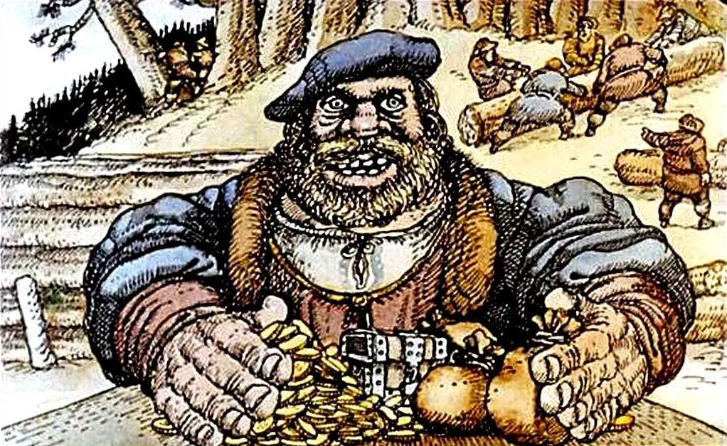 Ilustrație cu un bărbat robust, purtând o pălărie și îmbrăcăminte istorică, ținând în mâini monede și bunuri, în fundal fiind vizibili oameni care lucrează cu trunchiuri de copaci.