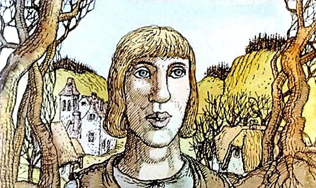 Ilustrație cu un tânăr cu părul blond, privind în față, înconjurat de case și copaci.