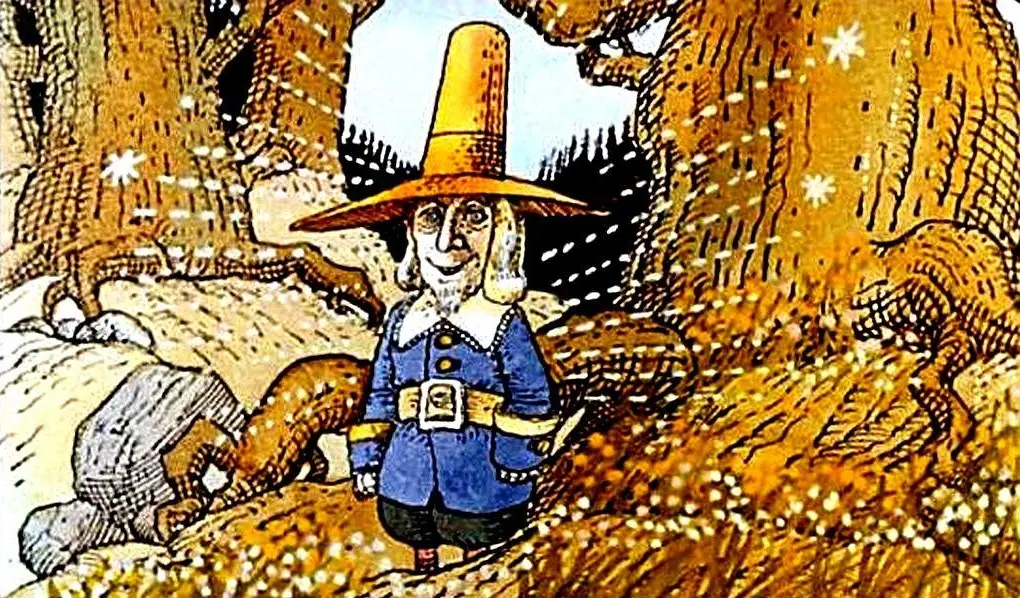 Ilustrație colorată cu o persoană în pădure, purtând o pălărie mare și un costum albastru, înconjurată de copaci și o atmosferă magicală.