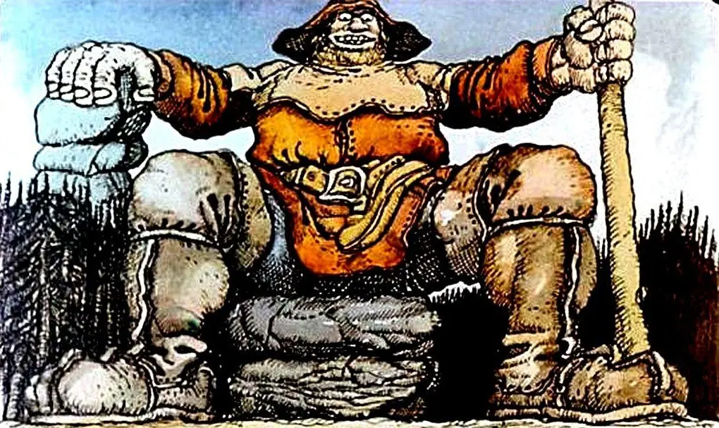 Ilustrație a unui personaj fantezist mare, așezat pe un tron din piatră, purtând o tunică portocalie și cu un băț în mână.