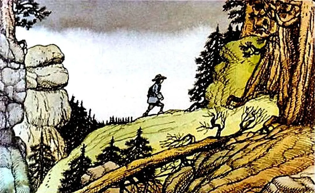 Ilustrație artistică a unui peisaj montan cu un om care merge pe o potecă în mijlocul copacilor.