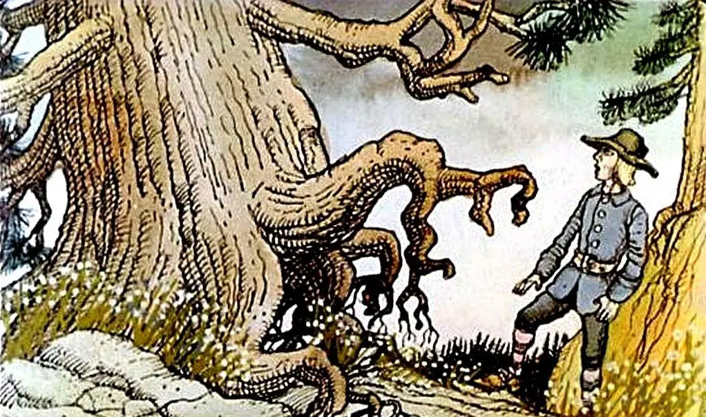 Ilustratie a unui copac mare și bătrân, cu crengi contorsionate, și un băiat îmbrăcat în haine de epocă care observă copacul.