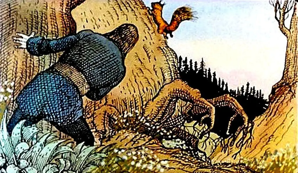 Imagine ilustrativă cu un bărbat îmbrăcat în haine medievale, întorcându-se spre un copac mare, iar în fundal se văd ramuri ciudate și un veveriță zburdalnică pe un deal.