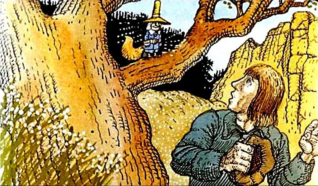 Ilustrare colorată a unui bărbat care se uită la un personaj mic deasupra unei crengi de copac, într-un peisaj natural.