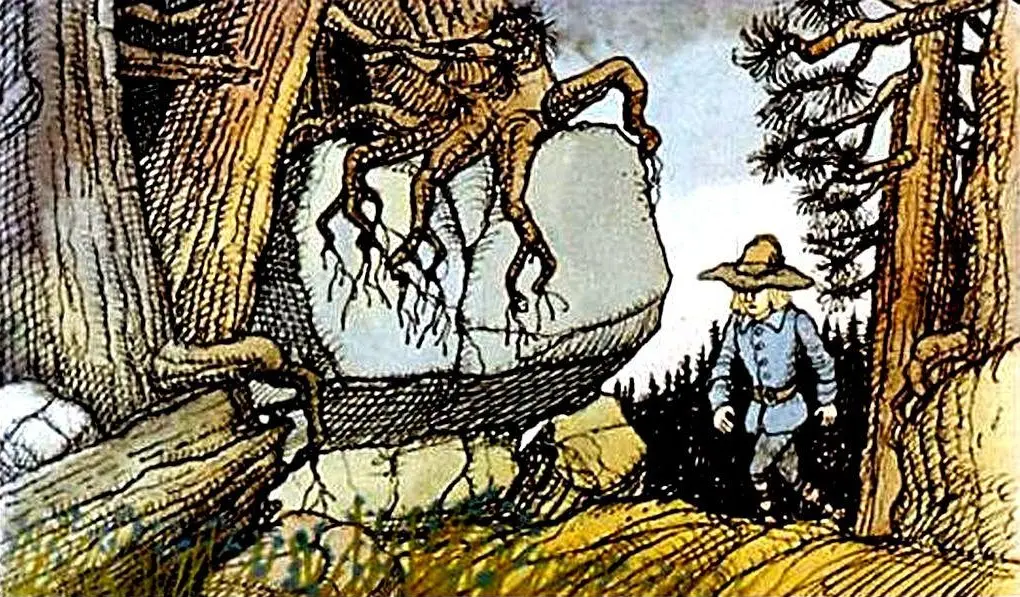 Ilustrație cu un bărbat care poartă o pălărie și o cămașă albastră, plimbându-se pe un teren montan, între copaci și stânci.