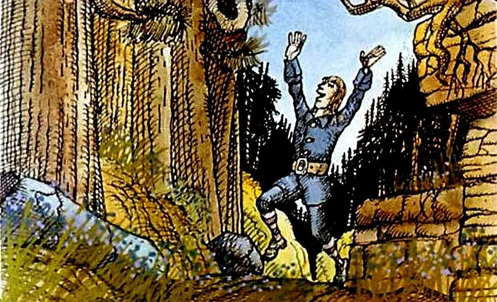 Ilustrație cu un bărbat îmbrăcat într-un costum albastru, ridicându-și brațele într-o pădure, înconjurat de copaci, cu un peisaj natural.