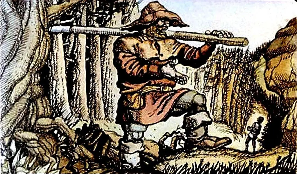 Imaginea ilustrează un uriaș îmbrăcat în haine medievale, care stă în picioare într-o pădure, ținând o unealtă în mână, iar în fundal se observă o siluetă umană mai mică.