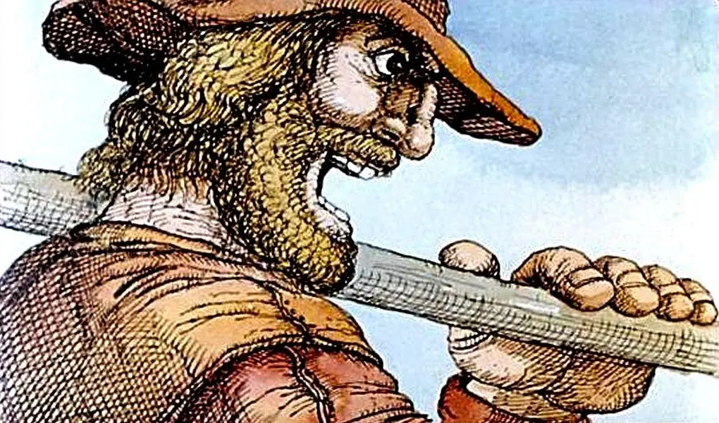 Ilustrație colorată a unui bărbat cu părul și barba blondă, purtând o pălărie, ținând un băț. Expresia feței sugerează o atitudine hotărâtă.