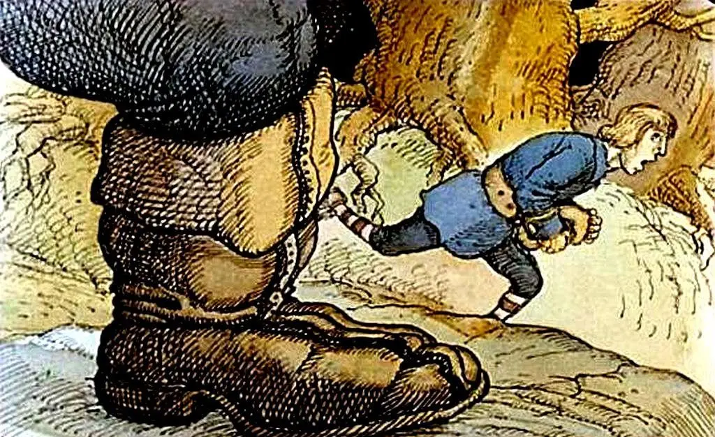 Ilustrație colorată cu un bocanc uriaș și o persoană mică care fuge pe o potecă, având un fundal de copaci.