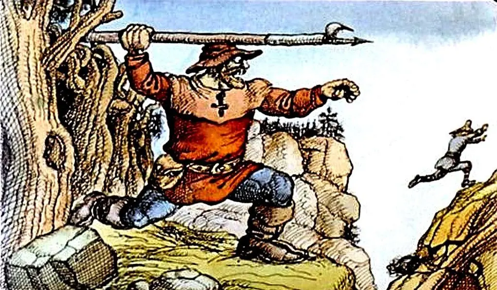 Ilustrație a unui bărbat cu o suliță pe o stâncă, îndreptându-se spre o siluetă care fuge pe un teren accidentat, cu copaci și stânci în fundal.