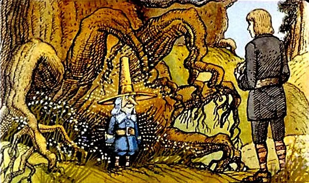 Ilustrație cu un personaj mic într-un costum albastru și pălărie conică, stând în fața unui copac mare lângă un alt personaj mai înalt, îmbrăcat în haine întunecate.