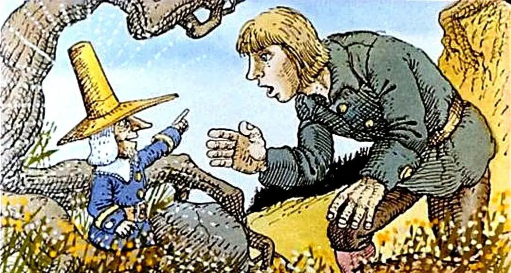 Ilustrație colorată cu un personaj mic, purtând o pălărie galbenă, care vorbește cu un bărbat înalt, pe un fundal de peisaj natural.