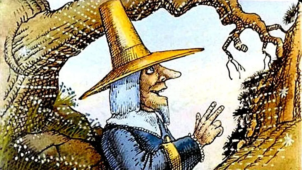 Ilustrație cu un bărbat într-un tunic albastră și pălărie galbenă, stând lângă un copac, gesticulând cu mâinile.