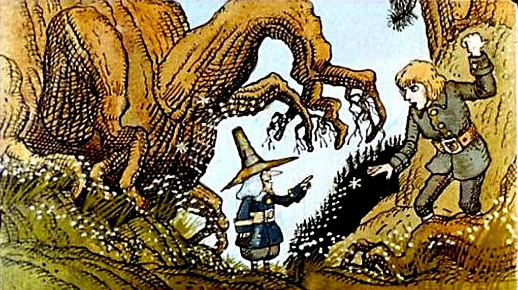 Ilustrație cu un personaj mic, purtând o pălărie mare, stând în fața unei firme de copaci, în timp ce un alt personaj îmbrăcat în uniformă se îndreaptă spre el.