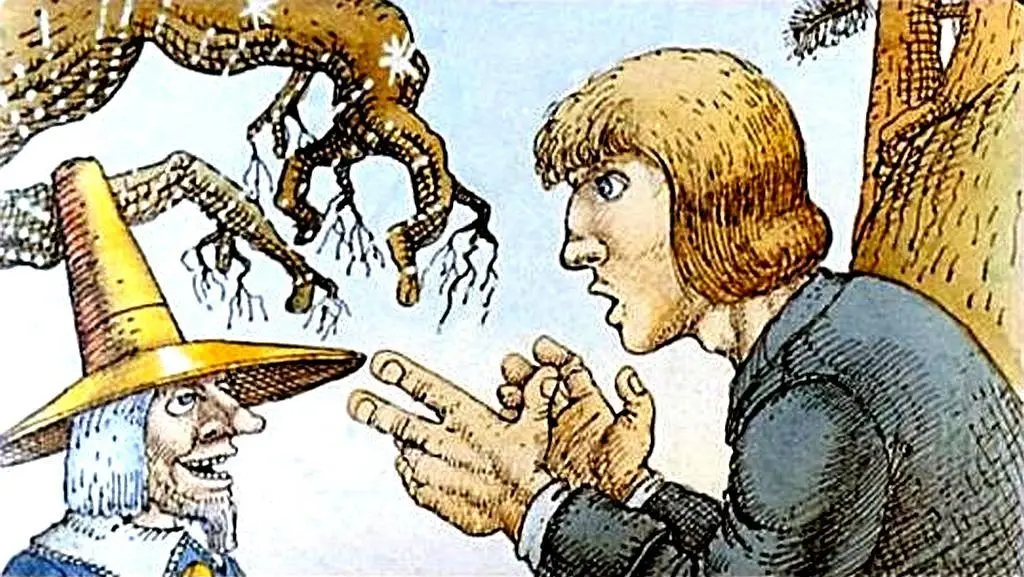 Ilustrație cu un om cu pălărie și un bărbat cu păr ondulat, discutând într-un cadru natural.