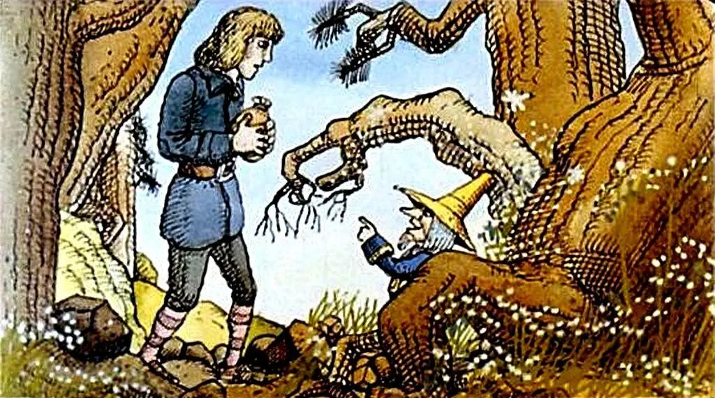 Ilustrație cu un tânăr care ține un recipient și vorbește cu un gnom lângă un copac.