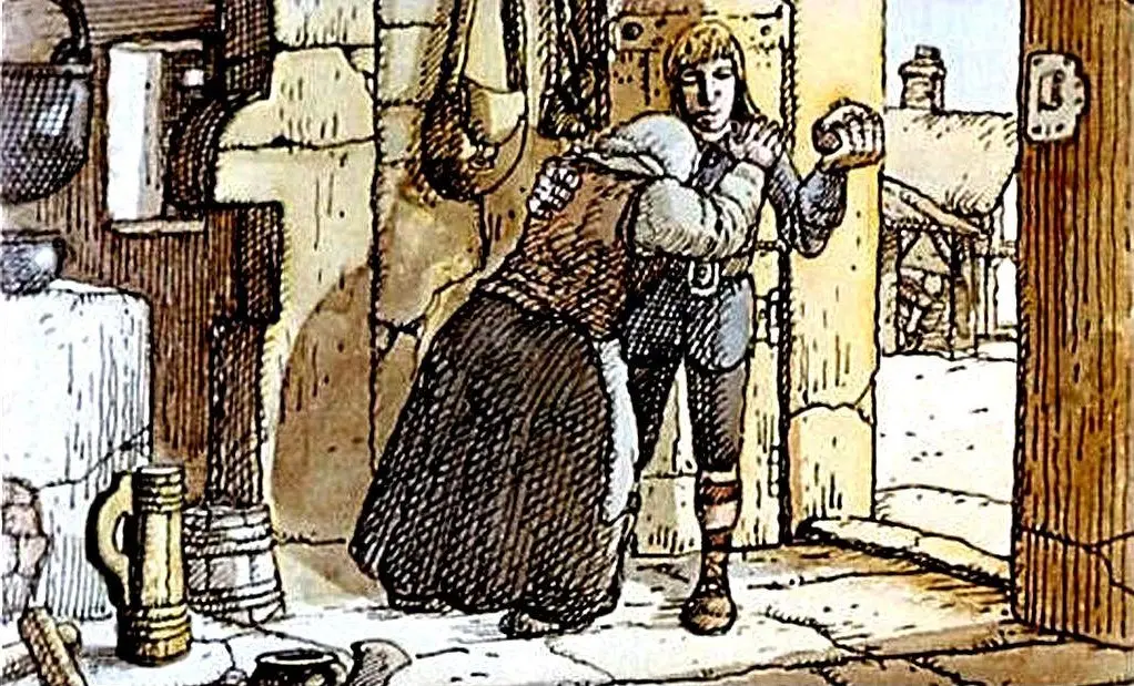 Ilustrare a unei întâlniri între doi personaje, unul îmbrăcat în armură și celălalt purtând o fustă, într-o încăpere rustică.