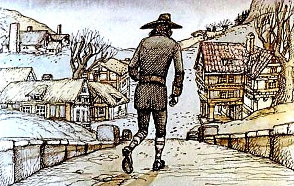 Imagine ilustrativă cu o persoană călătorind pe un drum de țară, trecând pe lângă case tradiționale.