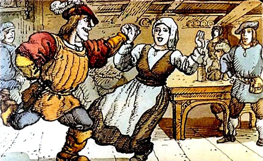 Ilustratie colorata cu un dans traditional, reprezentand doua persoane dansand in fata altor figuri, intr-un mediu interior cu mobilier.