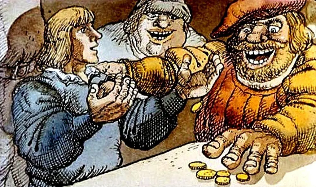 Ilustrație cu trei personaje care interacționează asupra unei mese cu monede. Două personaje par a discuta, în timp ce al treilea, zâmbind, stă lângă o grămadă de monede.