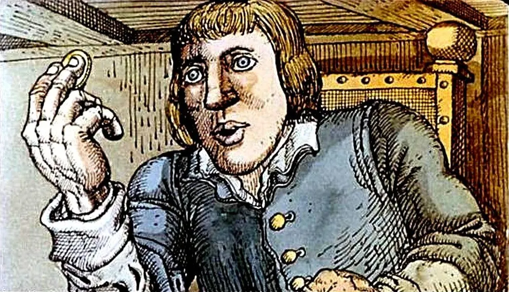 Ilustrație colorată a unei persoane cu păr cârlionțat și îmbrăcăminte din epoca medievală, ținând un obiect în mână și având o expresie facială de surprindere.