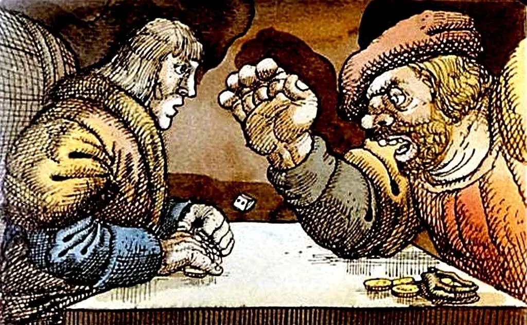 O ilustrație colorată care arată doi bărbați stând la o masă, unul având o expresie intensă, ridicându-și pumnul, iar celălalt părând concentrat pe joc. Un zar alb este în aer, iar pe masă sunt câteva monede.