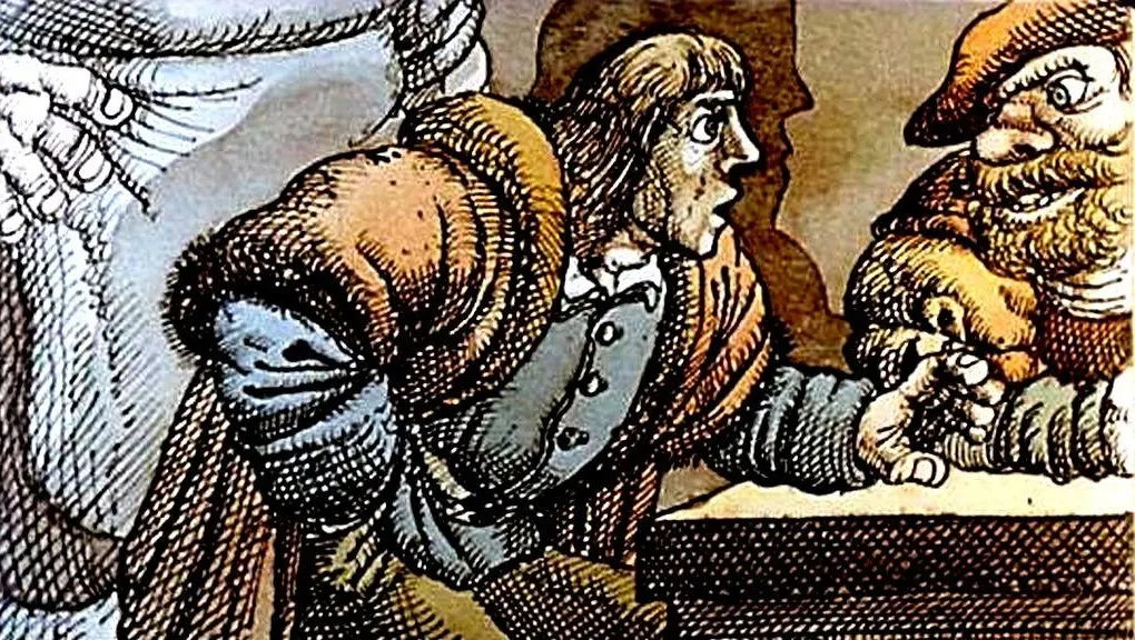 Ilustrație artistică cu figuri umane, una având o expresie surprinsă, interacționând cu o altă figură. Detalii ale îmbrăcămintei și ornamentelor sunt vizibile.