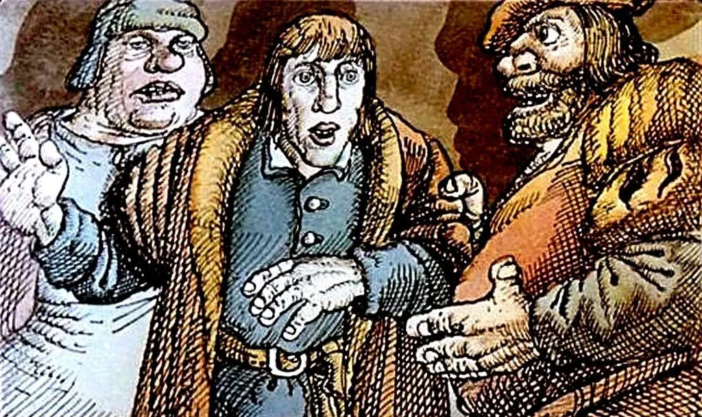 Imagine reprezentând trei bărbați cu expresii surprinse și îngrijorate, discuții animate între ei.