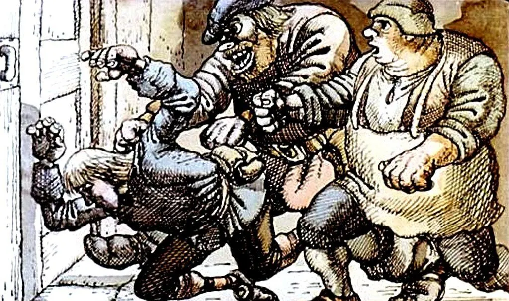 Ilustrație cu trei personaje care par a fi în conflict, cu unul dintre ele încercând să se apere în fața celorlalte două.