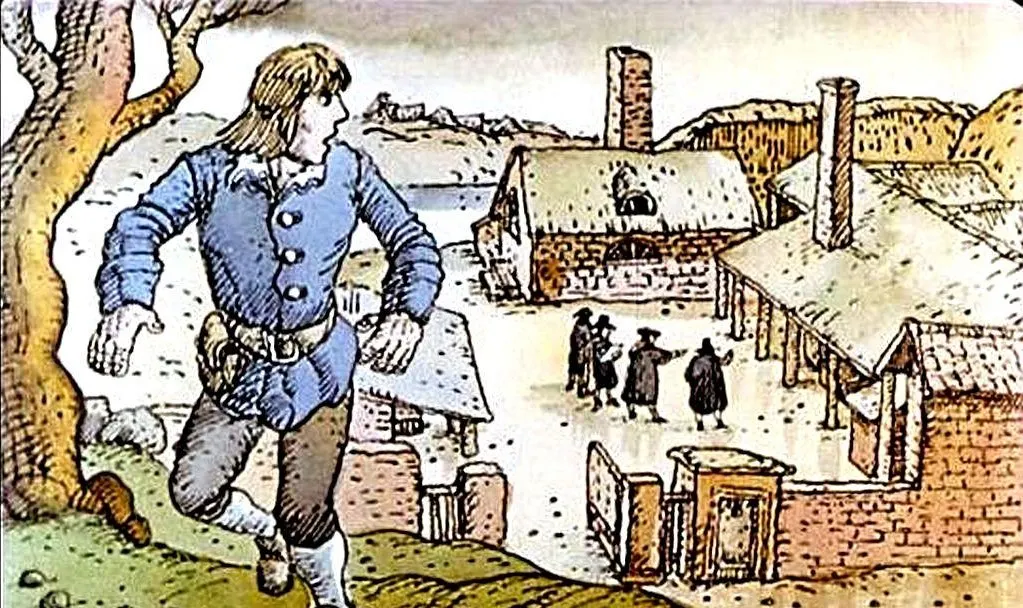 Ilustrație cu un bărbat îmbrăcat în haine istorice, alergând spre o fermă, în fundal fiind vizibile case și oameni îmbrăcați în haine negre.