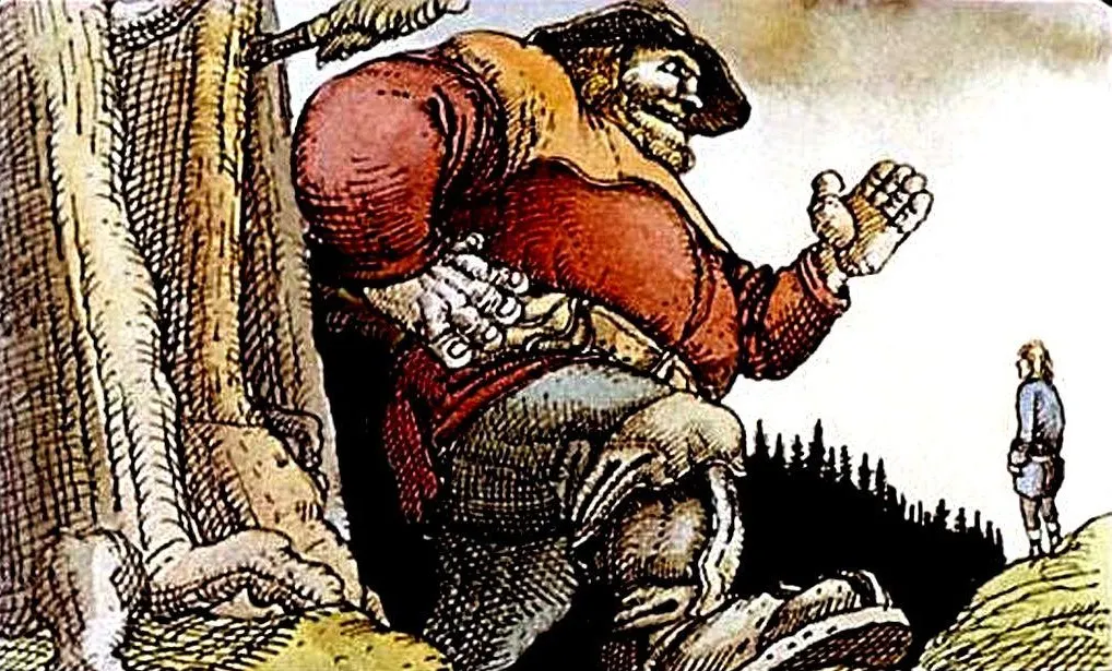 Ilustrație cu un gigant care se apropie de o persoană mică, înconjurată de copaci și un peisaj natural.