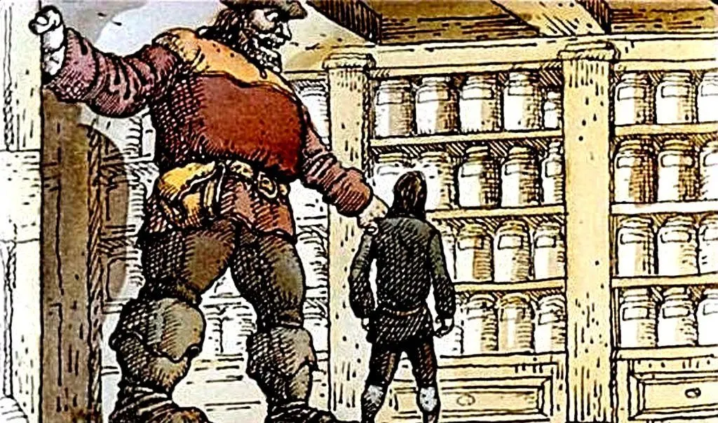 Imagine colorată cu un gigant și o persoană mică stând într-o încăpere plină de borcane.