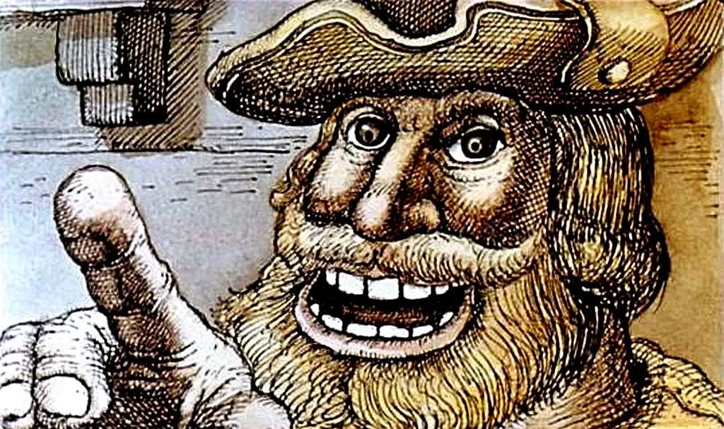 Ilustrație cu un bărbat cu barbă, purtând o pălărie, care zâmbește și ridică un deget arătător.