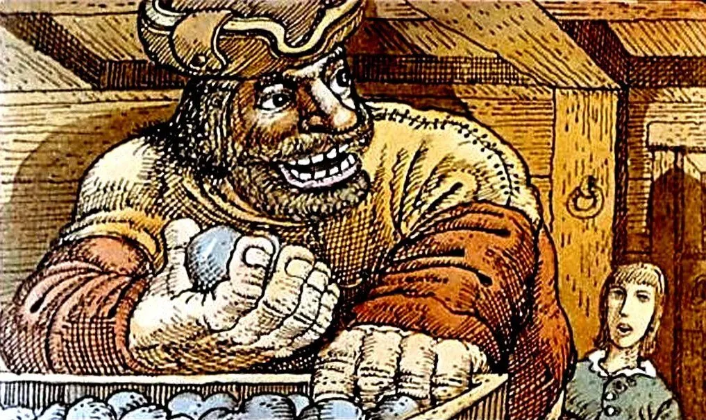 O ilustrație care prezintă un bărbat cu o expresie exuberantă, ținând o mână plină de bile și având o privire încrezătoare, în timp ce un alt personaj, un tânăr, îl observă din fundal.