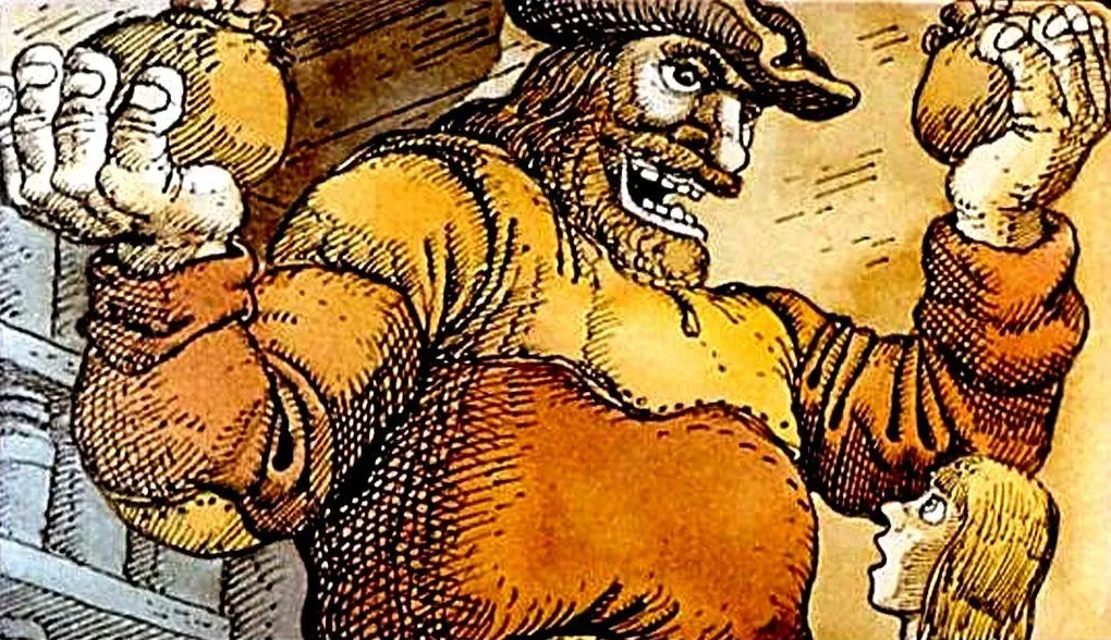 Ilustrație cu un personaj masiv, îmbrăcat într-o cămașă portocalie și o pălărie, care ține două saci în mâini, în timp ce o fetiță cu păr lung se uită la el.