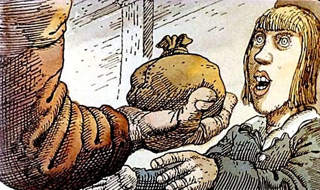 O scenă cu un om care oferă un sac unei fete surprinse.